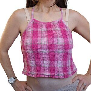 Y2K Pink Smocked Crop Top Halter Top Tank Top Plaid Preppy Jrs Sz XL Cotton‎